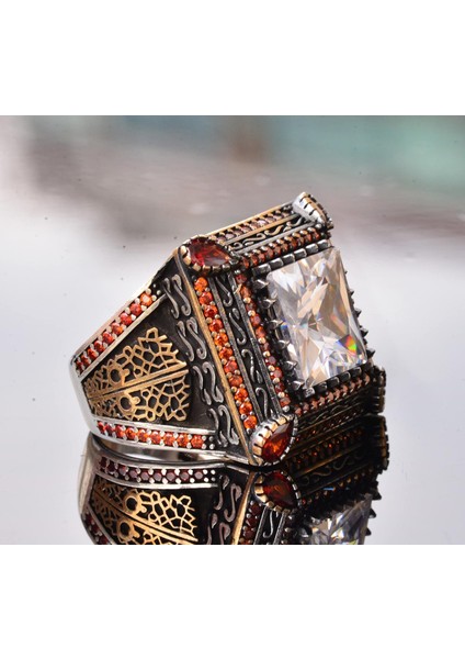 Sert Gümüş Erkek Yüzük - Yapay Kristal Taş - Vintage Tasarım fırsatları