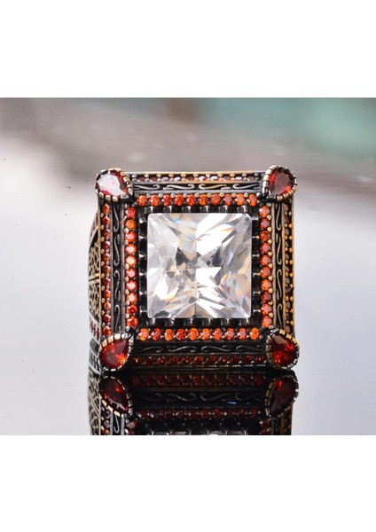 Sert Gümüş Erkek Yüzük - Yapay Kristal Taş - Vintage Tasarım indirimleri