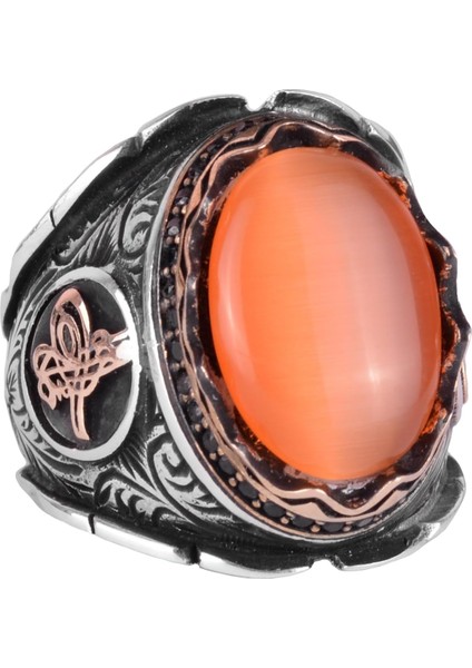Turuncu Kedi Gözü Yapay Taş Erkek Osmanlı Tuğra Yüzüğü, 925 Ayar Gümüş Yüzükler
