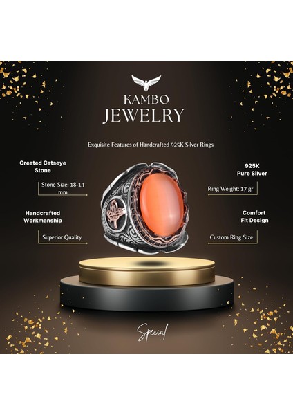 Turuncu Kedi Gözü Yapay Taş Erkek Osmanlı Tuğra Yüzüğü, 925 Ayar Gümüş Yüzükler fiyatları