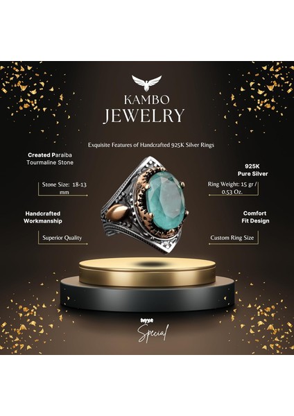 El Yapımı Vintage Erkek Yüzüğü - 925 Ayar Gümüş ile Üretilmiş Paraiba Taşı, Artisan Takı fiyatları