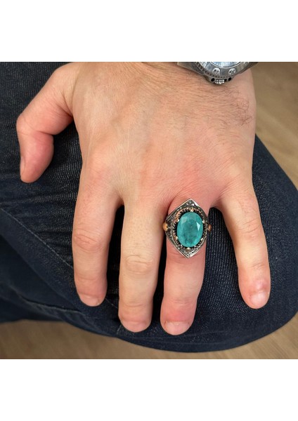 El Yapımı Vintage Erkek Yüzüğü - 925 Ayar Gümüş ile Üretilmiş Paraiba Taşı, Artisan Takı modelleri