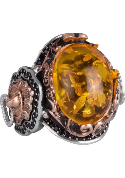 Bal Amber Yapay Taş Yüzük | Şık El Yapımı 925 Ayar Gümüş Erkek Yüzük