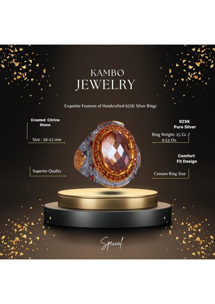 Oluşturulmuş Taş Yüzük - Sultan Yüzüğü - 925 Ayar Gümüş Yüzük Erkekler Için - El Yapımı Kral Yüzüğü (Oluşturulmuş Sitrin) fiyatları