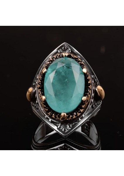 El Yapımı Vintage Erkek Yüzüğü - 925 Ayar Gümüş ile Üretilmiş Paraiba Taşı, Artisan Takı fırsatları