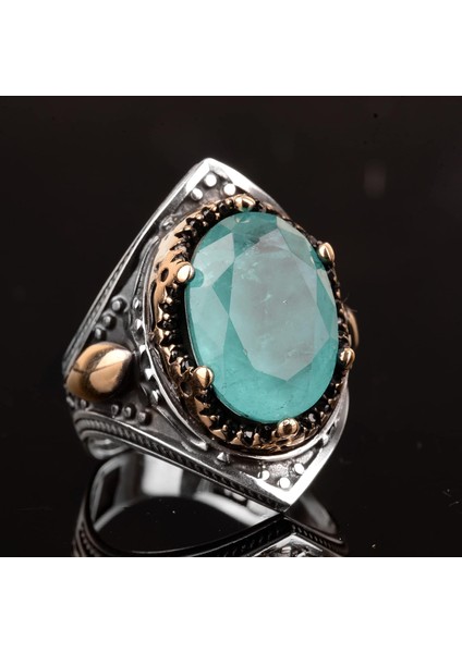 El Yapımı Vintage Erkek Yüzüğü - 925 Ayar Gümüş ile Üretilmiş Paraiba Taşı, Artisan Takı indirimleri