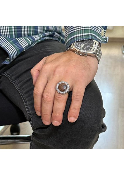 Doğal Taş Yüzük - 925 Ayar Saf Gümüş El Yapımı Erkek Yüzük (Pietersite) modelleri