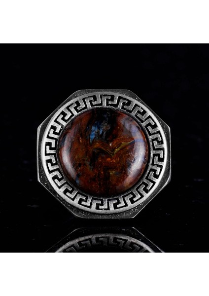 Doğal Taş Yüzük - 925 Ayar Saf Gümüş El Yapımı Erkek Yüzük (Pietersite) fırsatları
