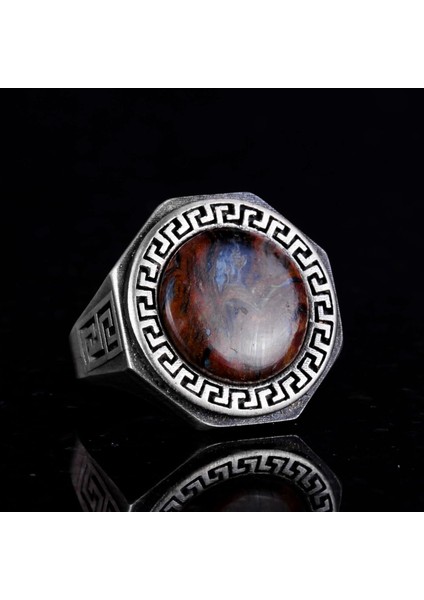 Doğal Taş Yüzük - 925 Ayar Saf Gümüş El Yapımı Erkek Yüzük (Pietersite) indirimleri