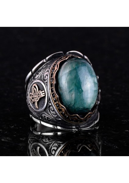 Osmanlı Tuğra Gümüş Yüzük, Doğal Cabochon Zümrüt Taşlı Yüzük, 925K Sert Gümüş Erkek Yüzüğü fırsatları