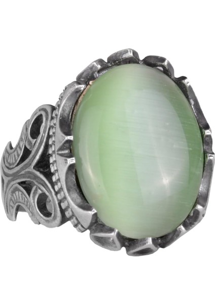 Lüks 925K Sterlin Gümüş Erkek Yüzük - Farklı Yaratılmış Taşlarla Mevcut (Açık Yeşil Kedi Gözü Yaratılmış Taş)