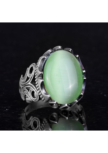 Lüks 925K Sterlin Gümüş Erkek Yüzük - Farklı Yaratılmış Taşlarla Mevcut (Açık Yeşil Kedi Gözü Yaratılmış Taş) fiyatları