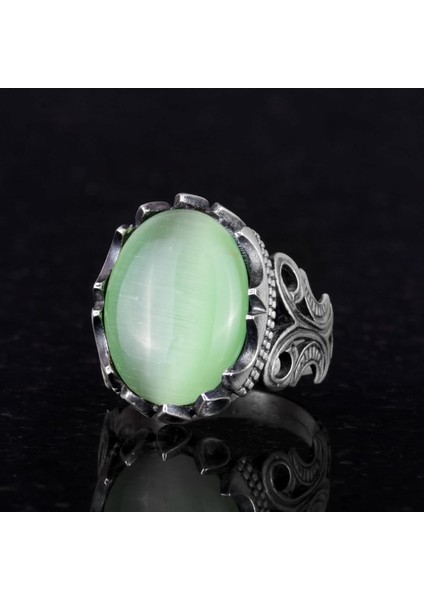 Lüks 925K Sterlin Gümüş Erkek Yüzük - Farklı Yaratılmış Taşlarla Mevcut (Açık Yeşil Kedi Gözü Yaratılmış Taş) modelleri