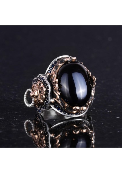 Doğal Oniks Taşı Yüzük, Aslan Sembol Yüzük, 925 Ayar Sert Gümüş Erkek Yüzüğü, Tutku ve Enerji Tasarımı fırsatları