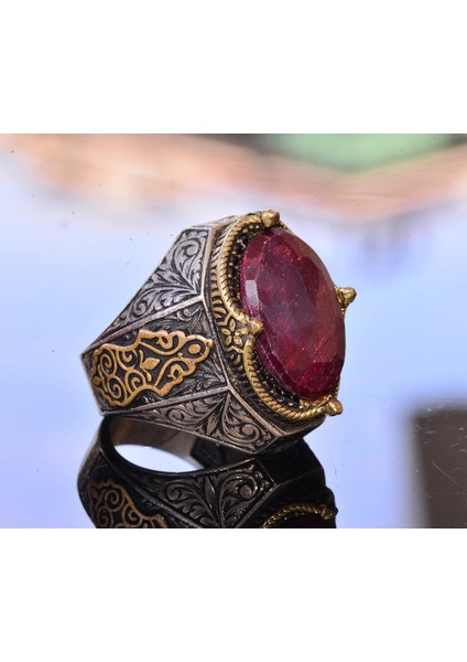 El Yapımı Vintage Tasarım Zümrüt Yüzük - 925 Ayar Gümüş Erkek Yüzük Altın Aksesuarlarla (Yakut) fırsatları