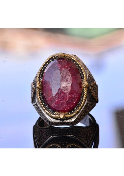El Yapımı Vintage Tasarım Zümrüt Yüzük - 925 Ayar Gümüş Erkek Yüzük Altın Aksesuarlarla (Yakut) indirimleri