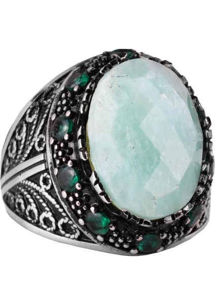 Doğal Amazonit Taşı Yüzük - 925 Ayar Gümüş El Yapımı Erkek Takısı, Özgün Tasarım