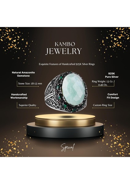 Doğal Amazonit Taşı Yüzük - 925 Ayar Gümüş El Yapımı Erkek Takısı, Özgün Tasarım fiyatları