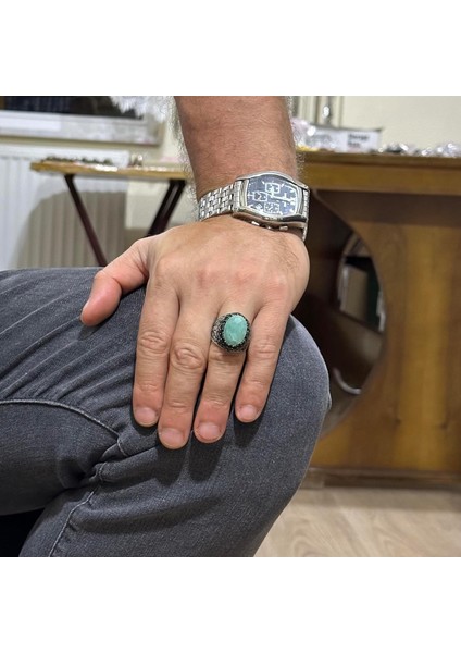 Doğal Amazonit Taşı Yüzük - 925 Ayar Gümüş El Yapımı Erkek Takısı, Özgün Tasarım modelleri