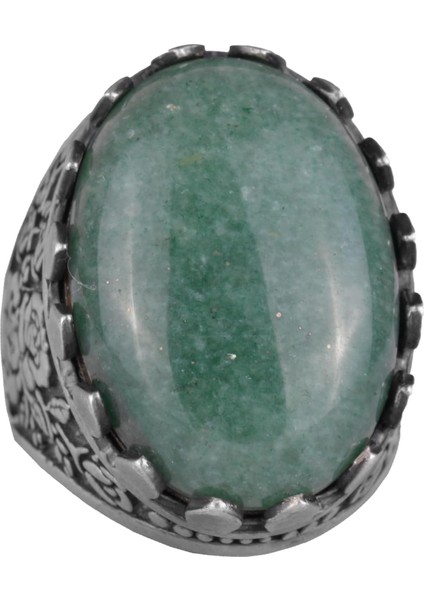 Doğal Taş Yüzük - Gül Desenli Yüzük - 925 Ayar Gümüş Yüzük - El Yapımı Büyük Yüzük (Aventurin)