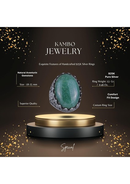 Doğal Taş Yüzük - Gül Desenli Yüzük - 925 Ayar Gümüş Yüzük - El Yapımı Büyük Yüzük (Aventurin) fiyatları