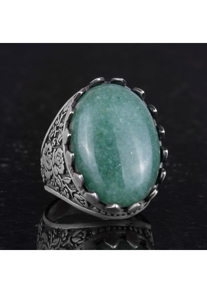 Doğal Taş Yüzük - Gül Desenli Yüzük - 925 Ayar Gümüş Yüzük - El Yapımı Büyük Yüzük (Aventurin) indirimleri