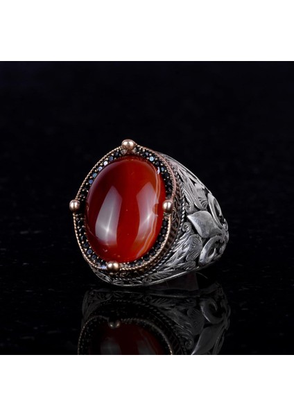 925 Ayar Gümüş El Yapımı Erkek Yüzük - Çeşitli Doğal Taşlarla Mevcut (Kırmızı Akik) fırsatları
