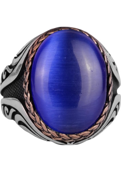 925 Ayar Gümüş Yüzük - Yapay Taş Gümüş Yüzük - El Yapımı Yüzük (Yapay Koyu Mavi Göz Taşı)