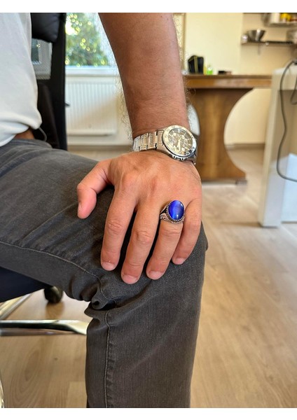 925 Ayar Gümüş Yüzük - Yapay Taş Gümüş Yüzük - El Yapımı Yüzük (Yapay Koyu Mavi Göz Taşı) modelleri