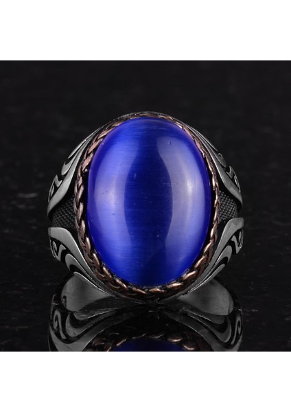 925 Ayar Gümüş Yüzük - Yapay Taş Gümüş Yüzük - El Yapımı Yüzük (Yapay Koyu Mavi Göz Taşı) fırsatları