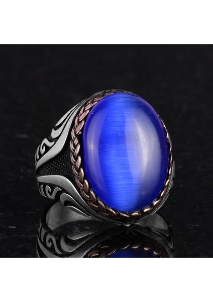 925 Ayar Gümüş Yüzük - Yapay Taş Gümüş Yüzük - El Yapımı Yüzük (Yapay Koyu Mavi Göz Taşı) indirimleri