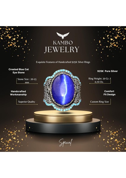 El Yapımı Mavi Kedi Gözü Yüzük Turkuaz Yapay Taş ile - 925 Ayar Gümüş Erkek Takısı fiyatları