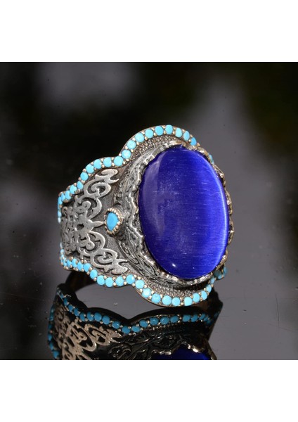 El Yapımı Mavi Kedi Gözü Yüzük Turkuaz Yapay Taş ile - 925 Ayar Gümüş Erkek Takısı modelleri