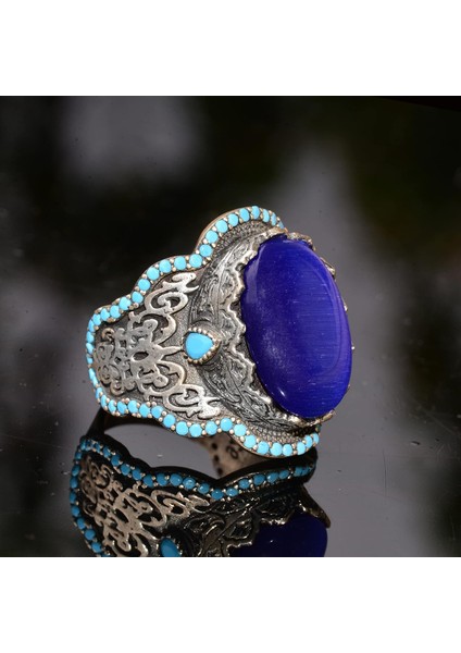El Yapımı Mavi Kedi Gözü Yüzük Turkuaz Yapay Taş ile - 925 Ayar Gümüş Erkek Takısı fırsatları