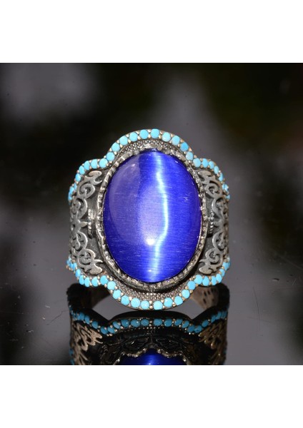 El Yapımı Mavi Kedi Gözü Yüzük Turkuaz Yapay Taş ile - 925 Ayar Gümüş Erkek Takısı indirimleri