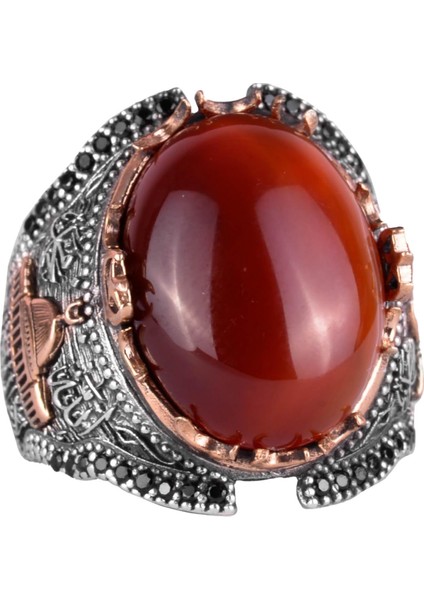 Doğal Kırmızı Akik Taş Yüzük, 925 Ayar Gümüş Yüzük Erkekler Için