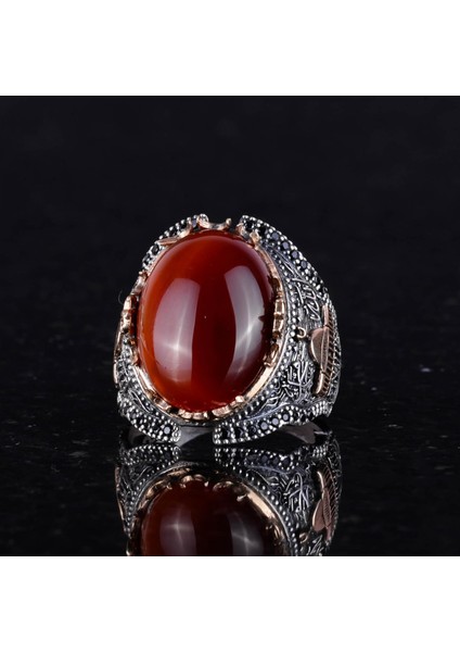 Doğal Kırmızı Akik Taş Yüzük, 925 Ayar Gümüş Yüzük Erkekler Için indirimleri