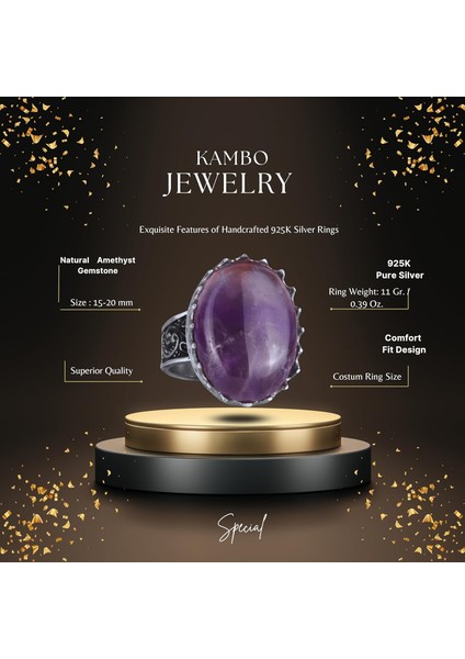 Doğal Taş Yüzük - 925 Ayar Gümüş Büyük Yüzük - El Yapımı Yüzük (Ametist) fiyatları