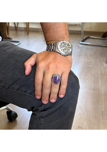 Doğal Taş Yüzük - 925 Ayar Gümüş Büyük Yüzük - El Yapımı Yüzük (Ametist) modelleri