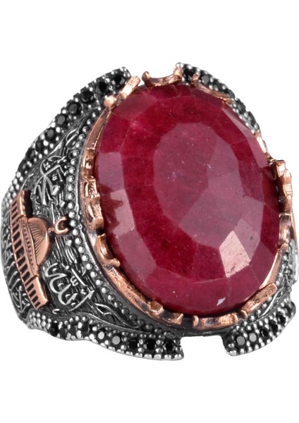 Doğal Yakut Taşlı Yüzük, Camii Gümüş Yüzük, 925 Ayar Sterlin Gümüş Yüzük