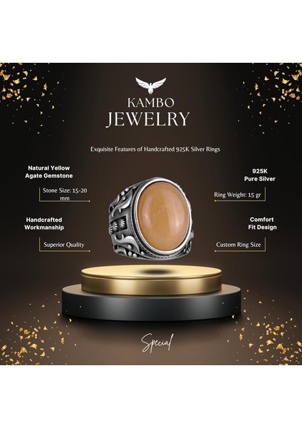 Doğal Sarı Akik Taş Yüzük, 925 Ayar Sterlin Gümüş Yüzük Erkekler Için, Tasarım Gümüş Erkek Yüzüğü fiyatları