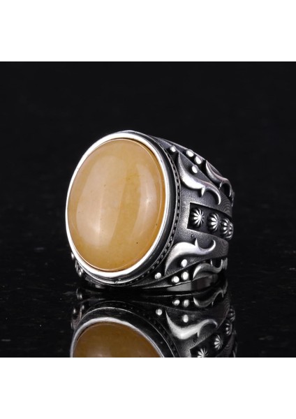 Doğal Sarı Akik Taş Yüzük, 925 Ayar Sterlin Gümüş Yüzük Erkekler Için, Tasarım Gümüş Erkek Yüzüğü fırsatları