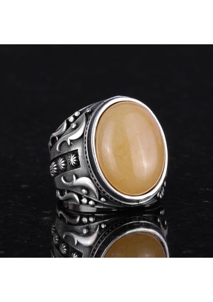 Doğal Sarı Akik Taş Yüzük, 925 Ayar Sterlin Gümüş Yüzük Erkekler Için, Tasarım Gümüş Erkek Yüzüğü indirimleri