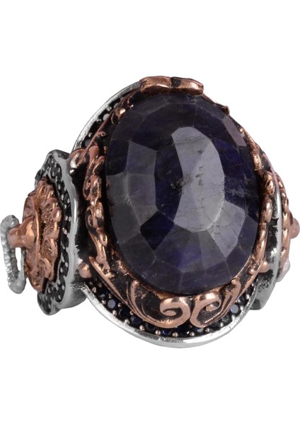 Doğal Mavi Safir Taşlı Yüzük, Aslan Gümüş Yüzük - Şık 925K Katı Sterlin Gümüş Erkek Yüzüğü - Sadakat ve Bilgelik Tasarımı