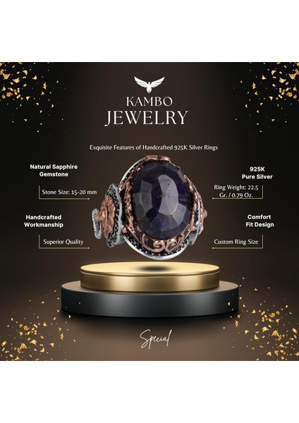 Doğal Mavi Safir Taşlı Yüzük, Aslan Gümüş Yüzük - Şık 925K Katı Sterlin Gümüş Erkek Yüzüğü - Sadakat ve Bilgelik Tasarımı fiyatları