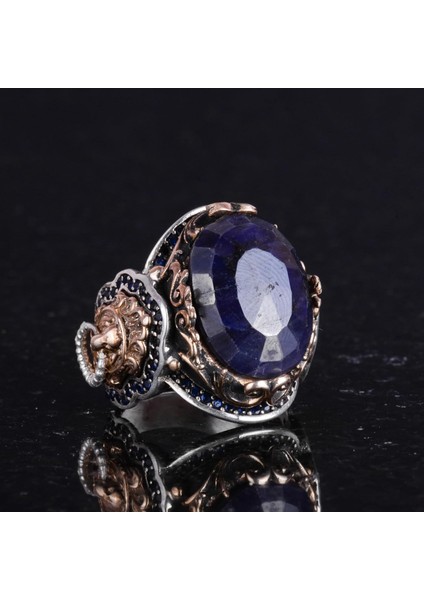 Doğal Mavi Safir Taşlı Yüzük, Aslan Gümüş Yüzük - Şık 925K Katı Sterlin Gümüş Erkek Yüzüğü - Sadakat ve Bilgelik Tasarımı fırsatları