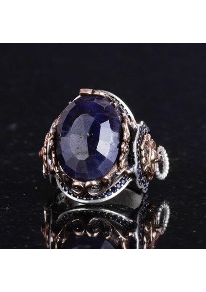 Doğal Mavi Safir Taşlı Yüzük, Aslan Gümüş Yüzük - Şık 925K Katı Sterlin Gümüş Erkek Yüzüğü - Sadakat ve Bilgelik Tasarımı indirimleri