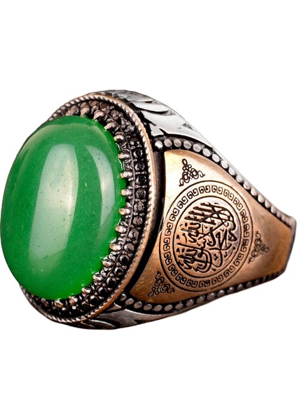 El Yapımı 925 Ayar Gümüş Erkek Yüzük Doğal Yeşil Jade Taşı - Islami Tasarım