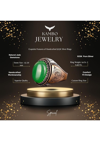 El Yapımı 925 Ayar Gümüş Erkek Yüzük Doğal Yeşil Jade Taşı - Islami Tasarım fiyatları