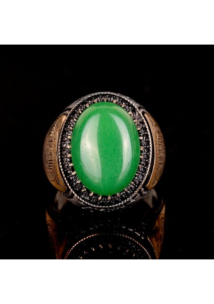 El Yapımı 925 Ayar Gümüş Erkek Yüzük Doğal Yeşil Jade Taşı - Islami Tasarım modelleri